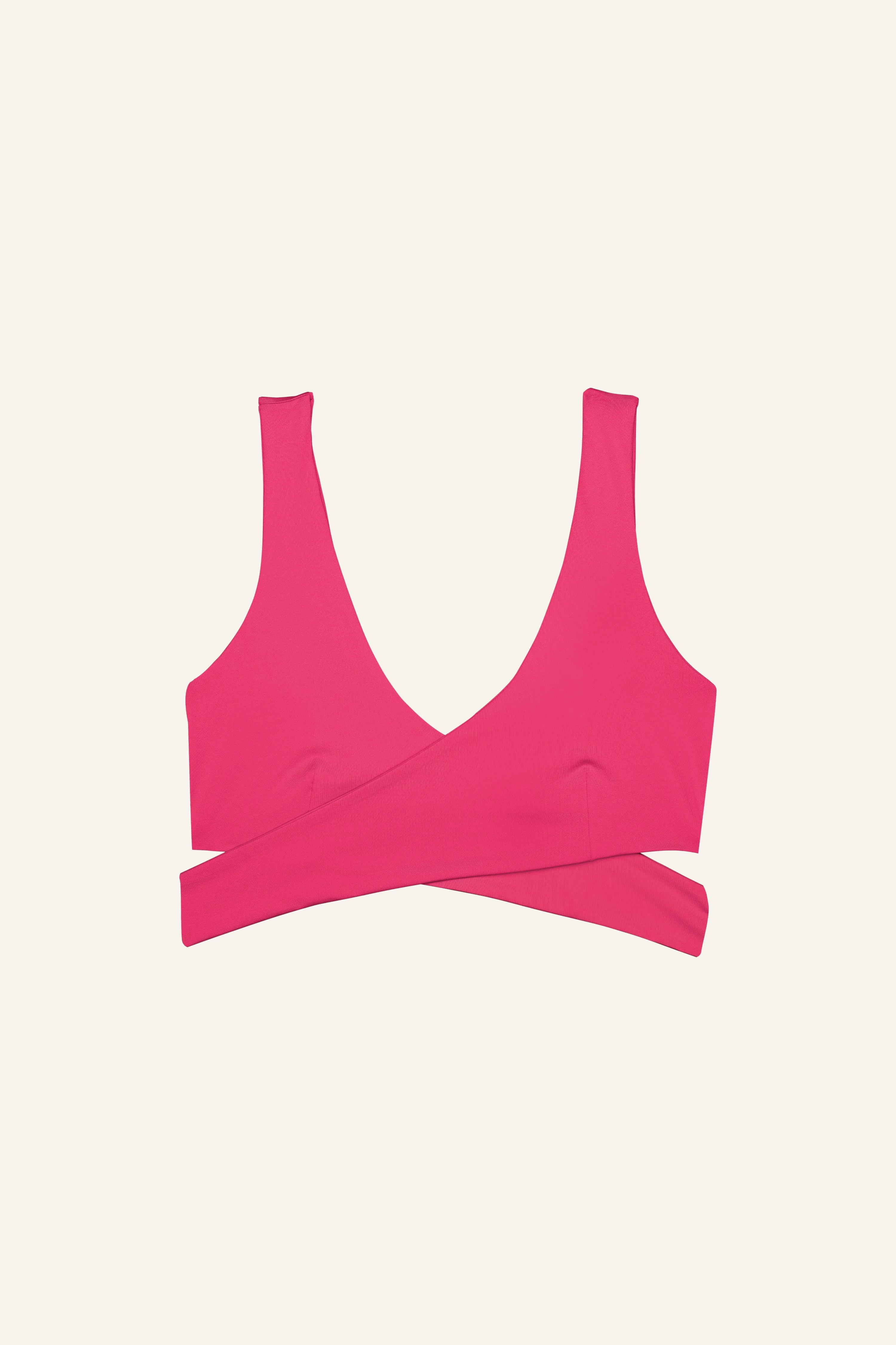 Pinkes Bikinitop von MYMARINI mit V-Ausschnitt und breiten Trägern, auf hellem Hintergrund.#color_pink-hortensia