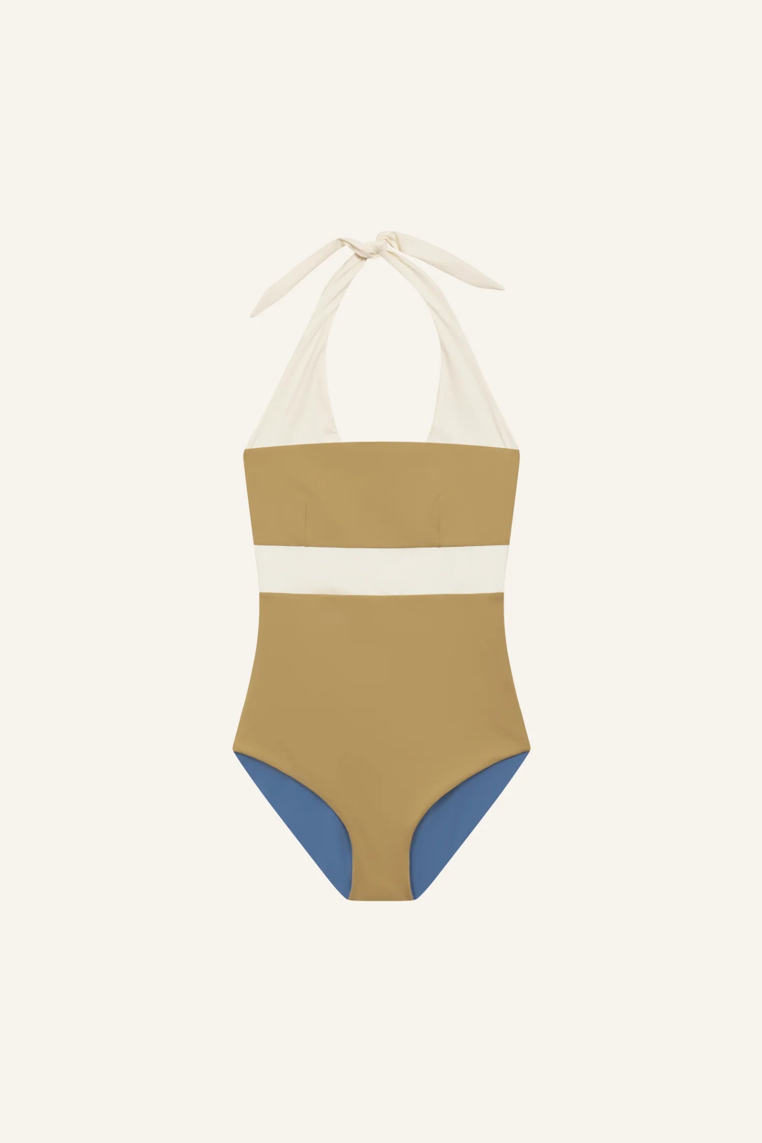 MYMARINI Badeanzug mit Neckholder, hoher Beinausschnitt, in Beige und Blau, mit weißem Streifen unter der Brust.#color_coast-desert