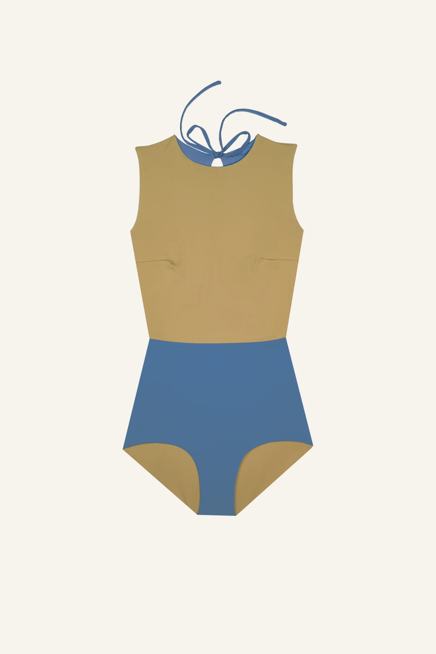 MYMARINI Badeanzug in Beige und Blau mit hohem Beinausschnitt und Neckholder.#color_coast-desert