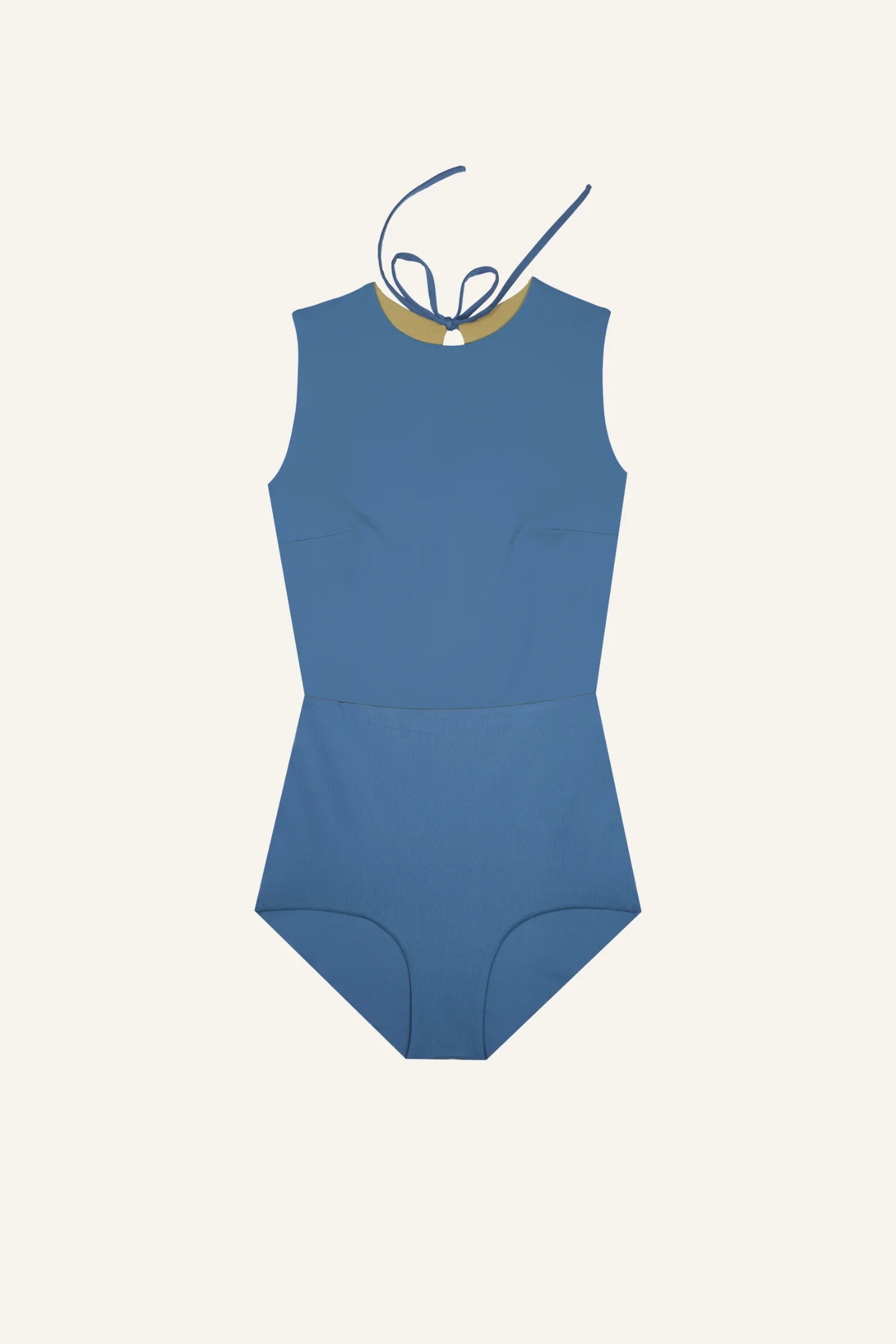 Ärmelloser MYMARINI Badeanzug in Blau mit hohem Ausschnitt und Neckholder.#color_coast-desert