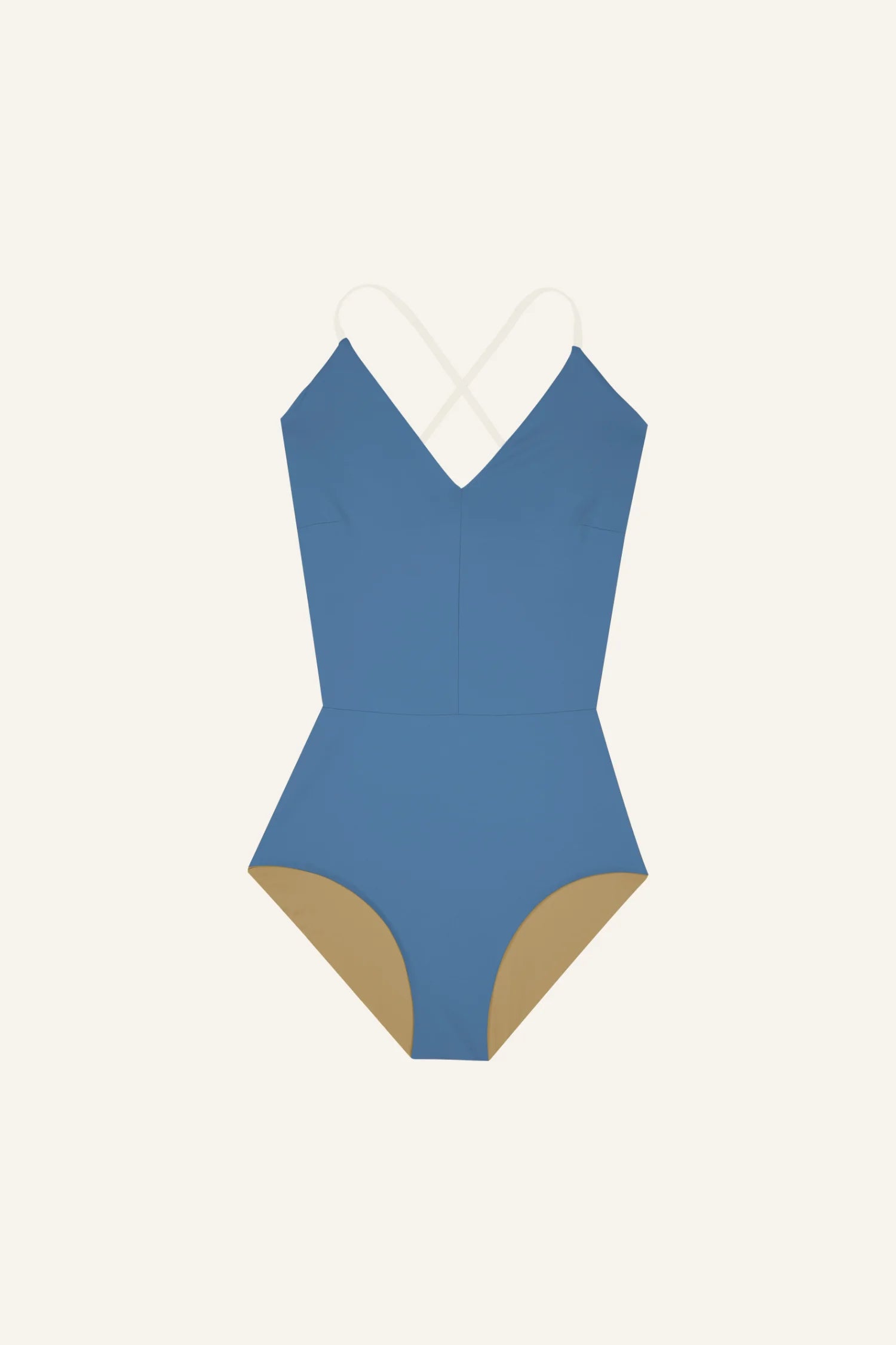 MYMARINI One-Piece in Blau mit V-Ausschnitt und hohem Beinausschnitt, Spaghettiträger überkreuzt im Rücken.#color_coast-desert