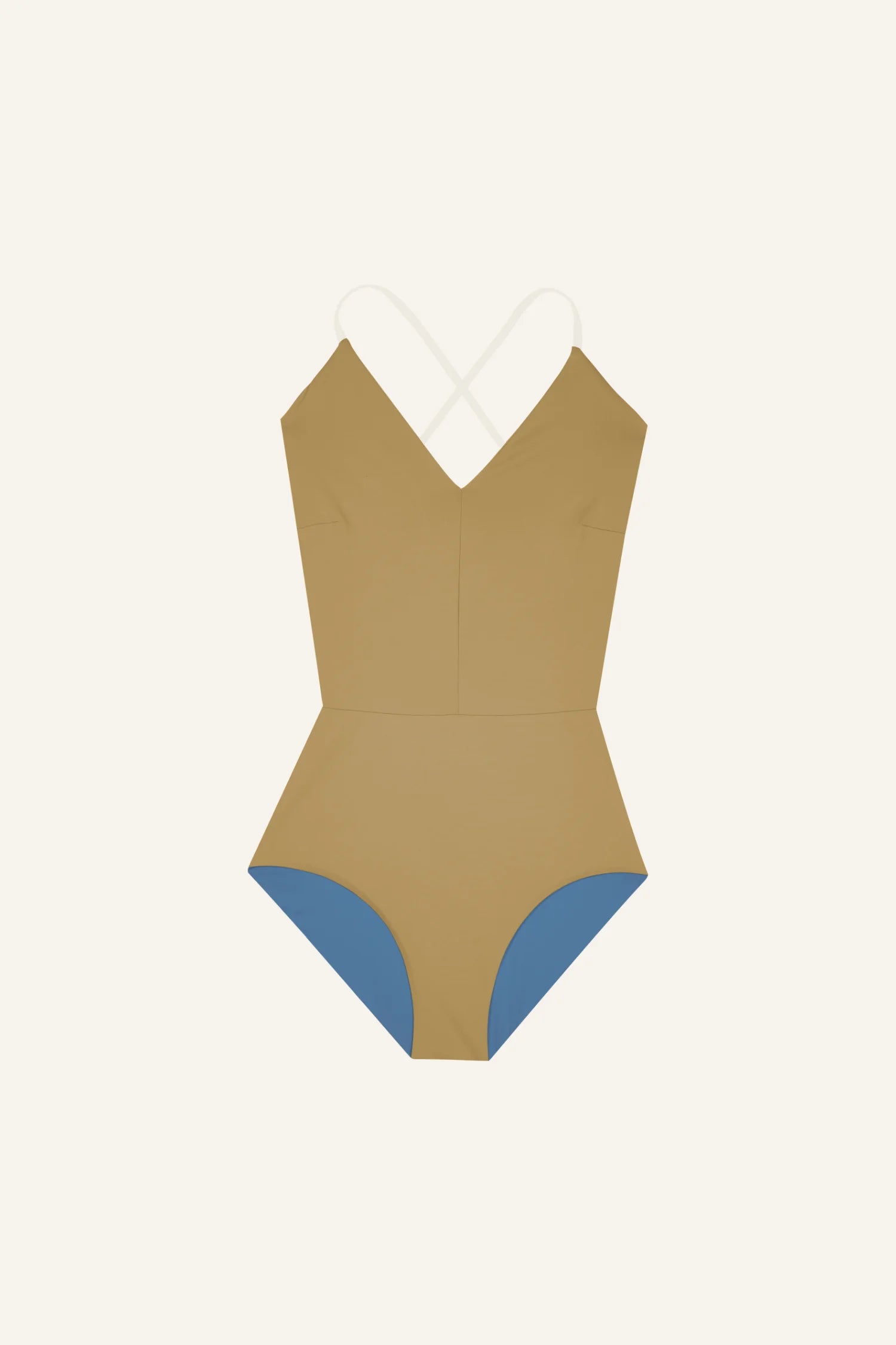 MYMARINI One-Piece in Beige mit blauem Einsatz, V-Ausschnitt und Spaghettiträgern, auf hellem Hintergrund.#color_coast-desert