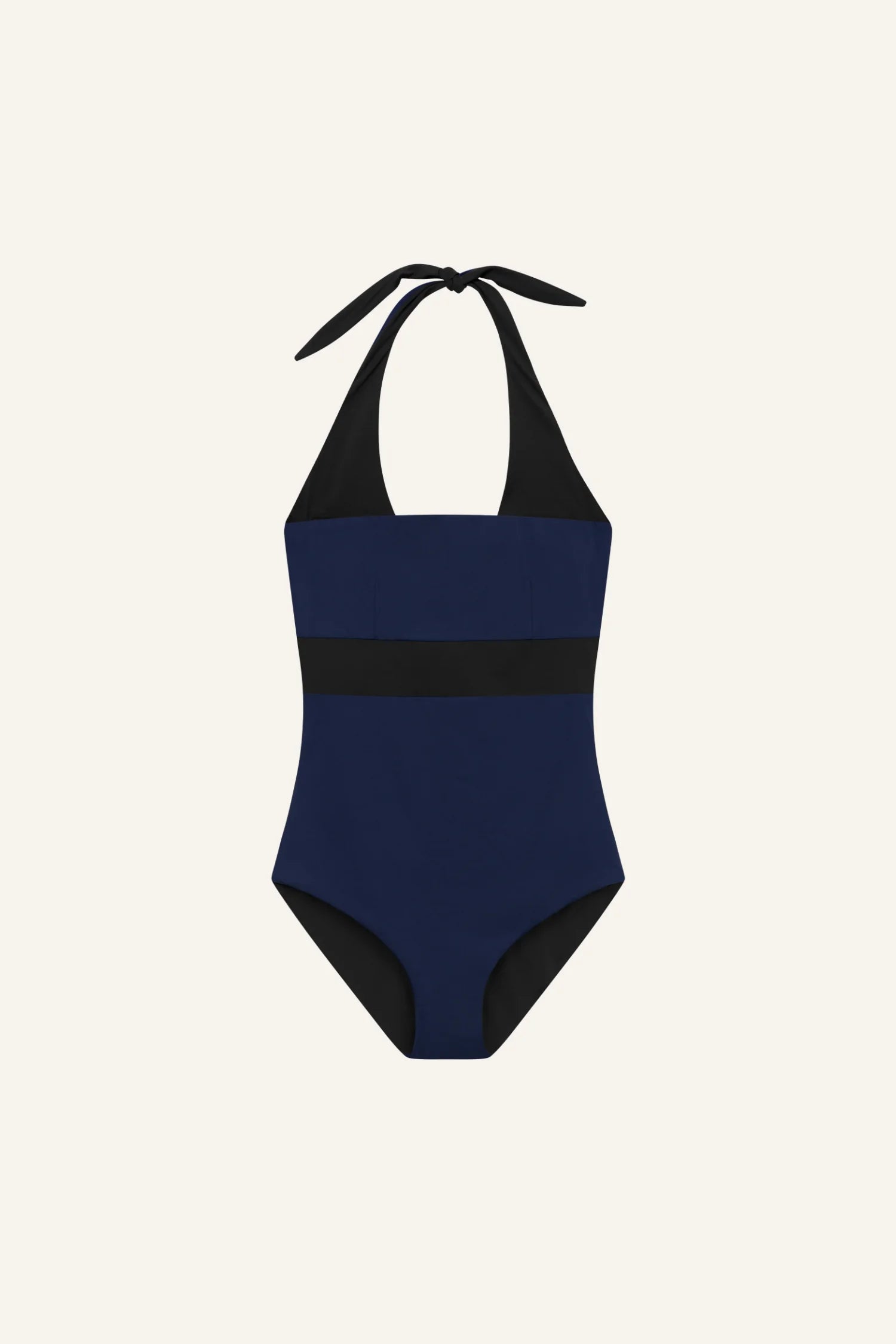 MYMARINI One-Piece in Dunkelblau mit schwarzem Neckholder und hohem Beinausschnitt vor hellem Hintergrund.#color_black-navy