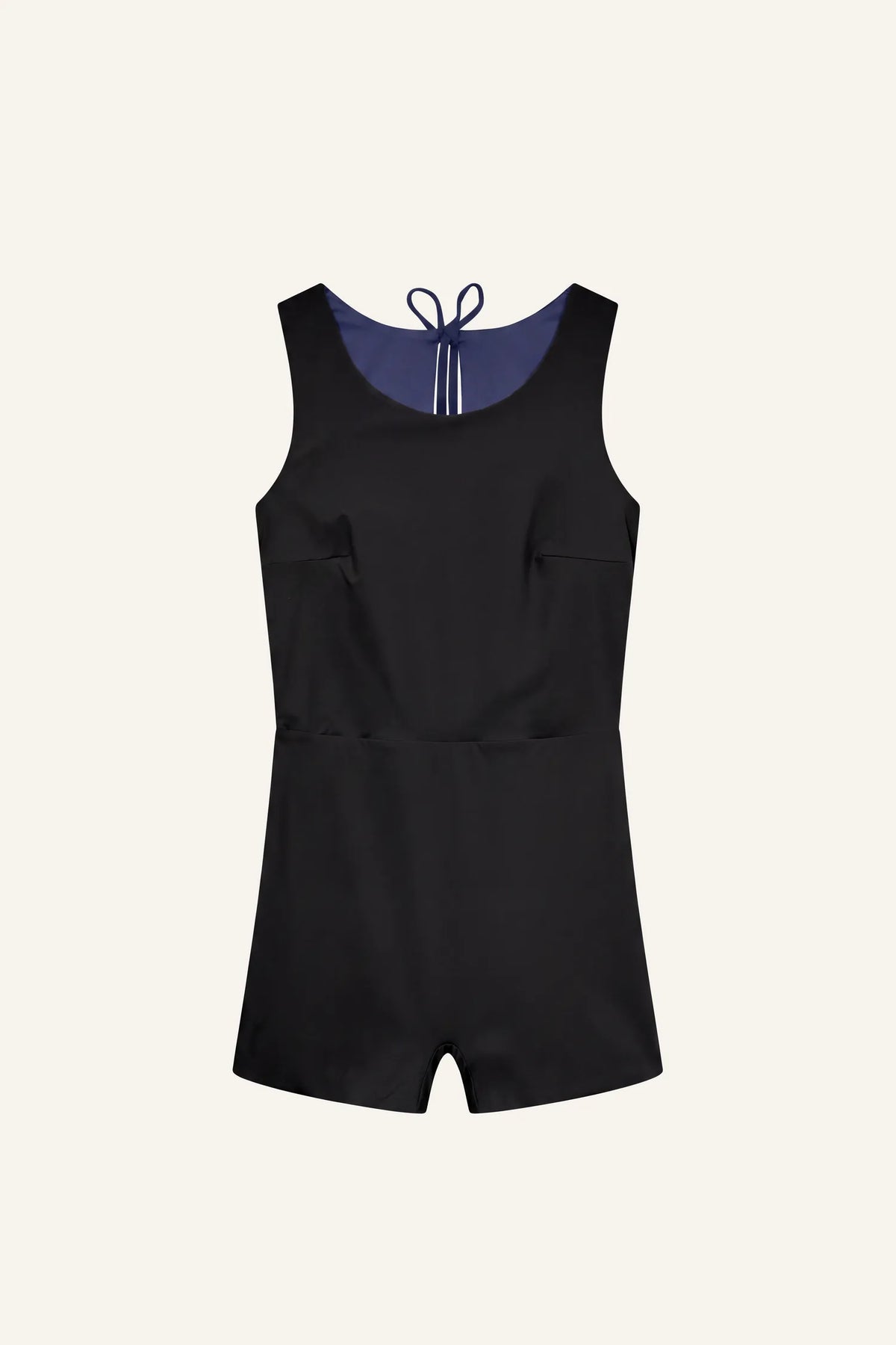 MYMARINI SHORTIE swimsuit in black with wide straps, short legs, and a neck tie, navy lining visible#color_black-navy