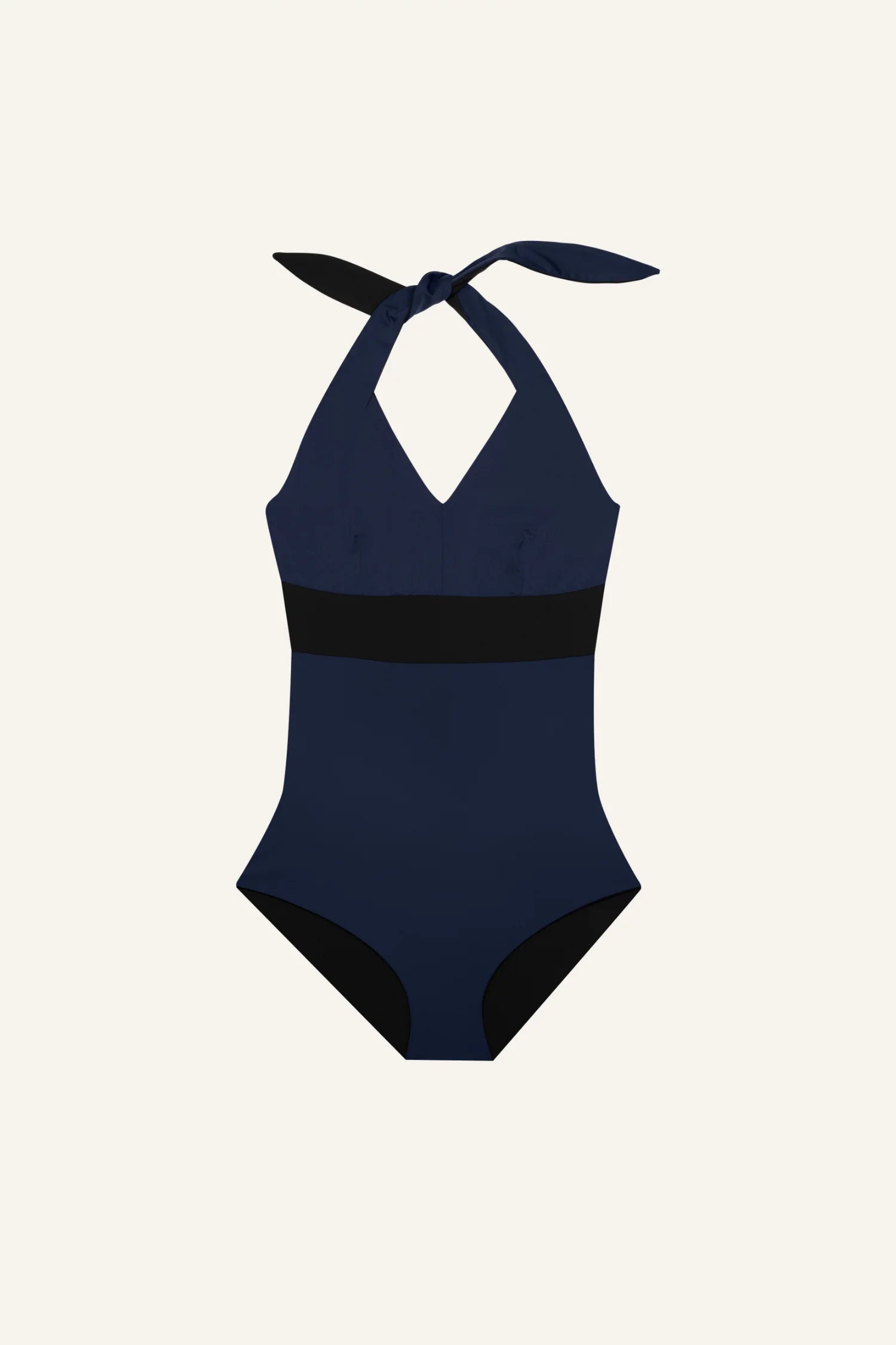 MYMARINI One-Piece in Dunkelblau mit Neckholder und hohem Beinausschnitt auf hellem Hintergrund.#color_black-navy