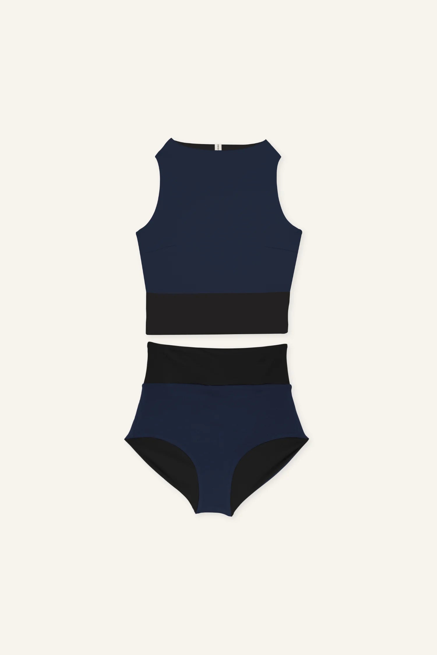 MYMARINI Bikini-Set in Dunkelblau mit hochgeschlossenem Top und High-Waist-Hose auf hellem Hintergrund.#color_black-navy