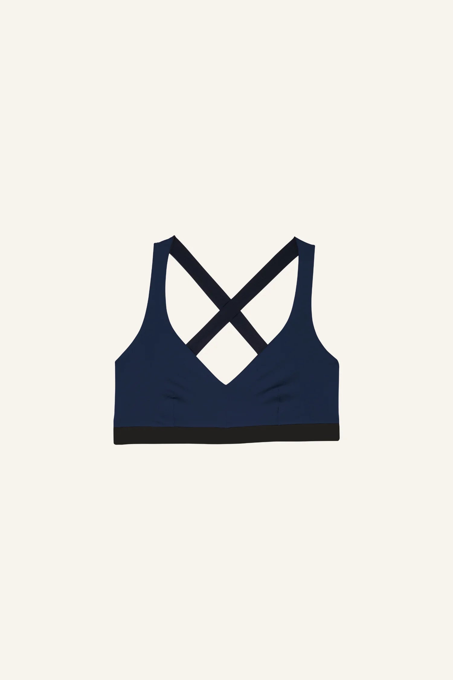 MYMARINI Bikinitop in Dunkelblau mit breiten Trägern und Cross-Back-Design auf hellem Hintergrund.#color_black-navy