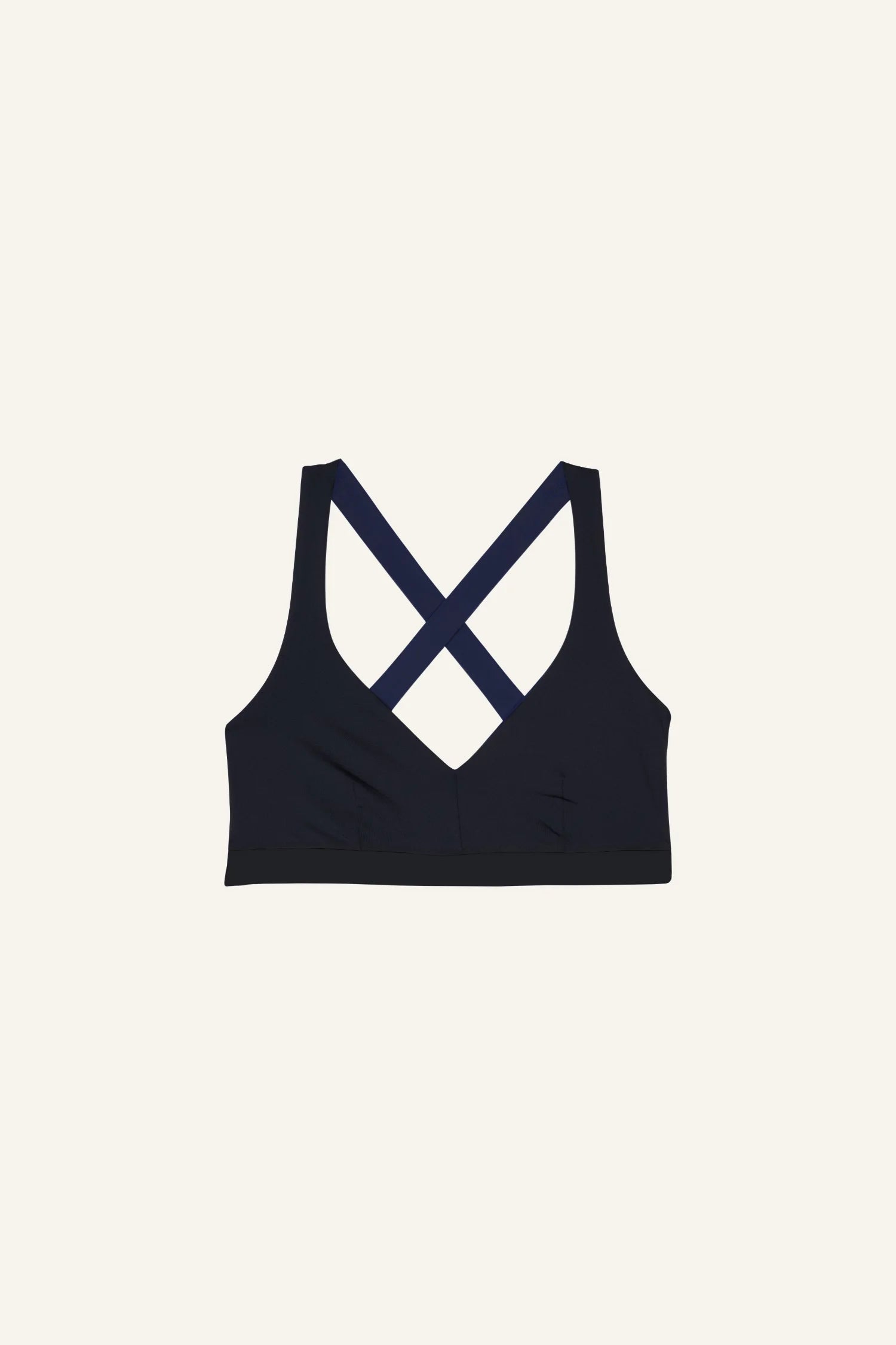 Schwarzes MYMARINI Bikinitop mit breiten Trägern und überkreuztem Rücken auf hellem Hintergrund.#color_black-navy