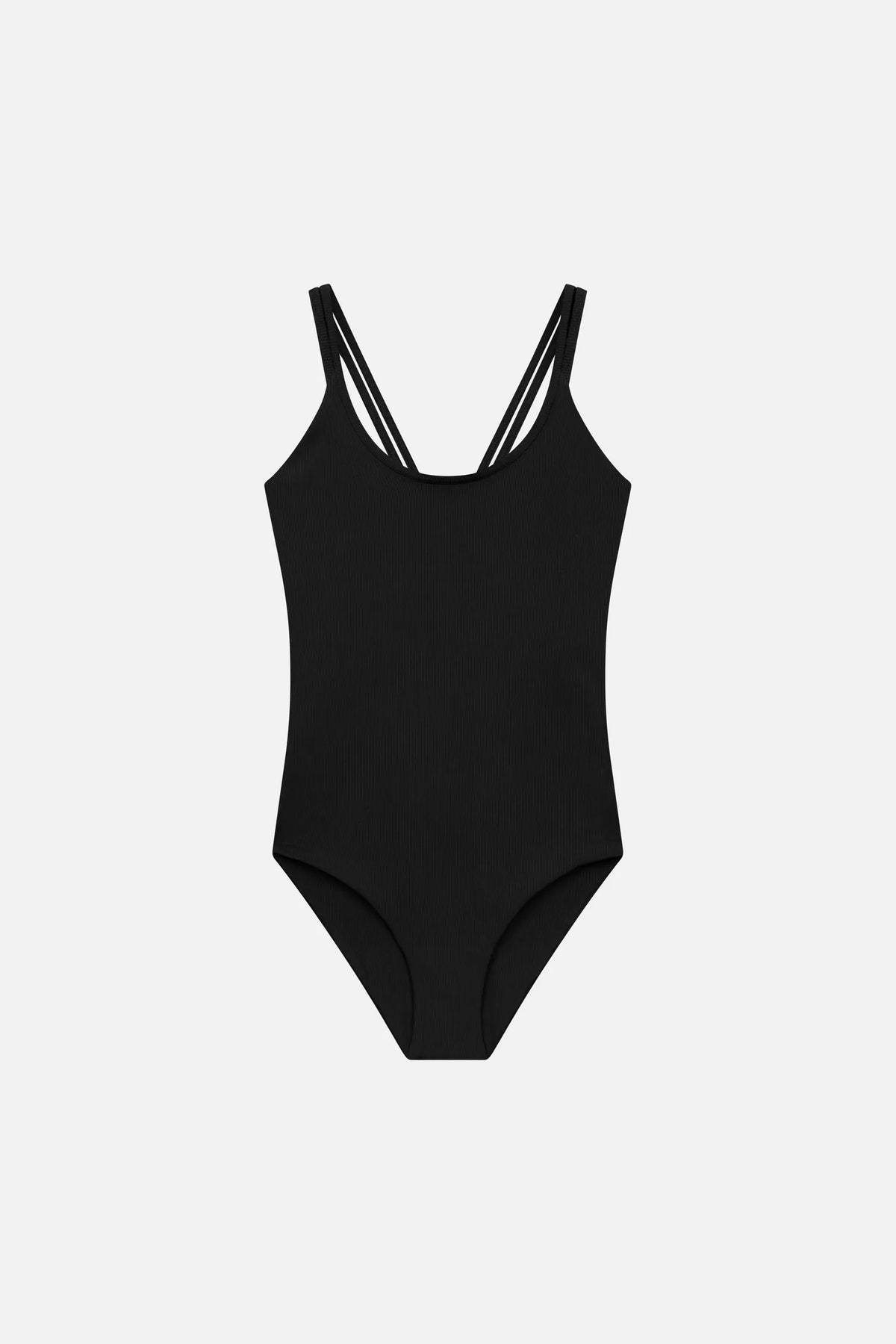 Black MYMARINI CLEANSUIT swimsuit with double spaghetti straps, front view on a light background#color_black-ribbed