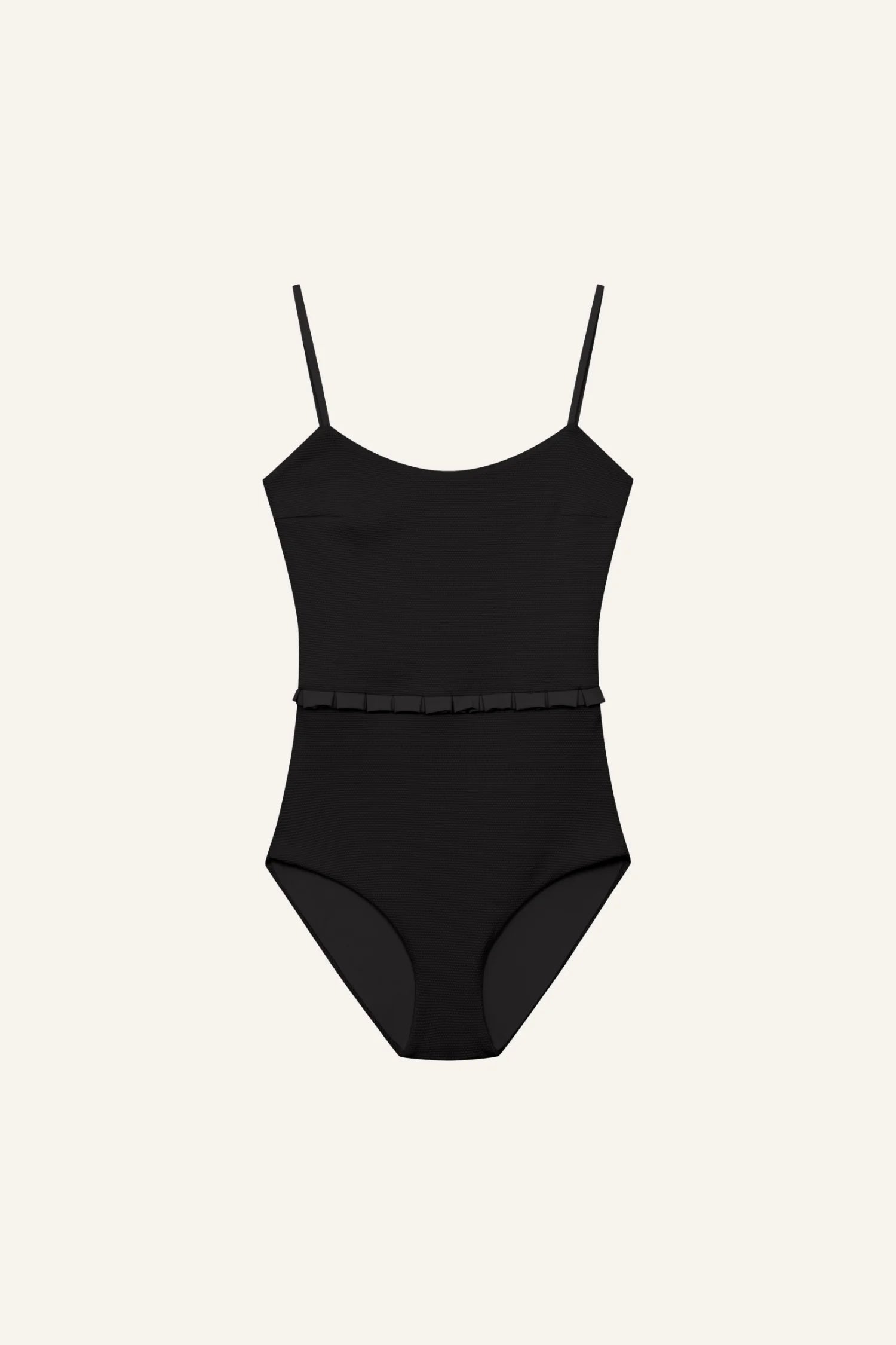 Schwarzer Badeanzug von MYMARINI mit schmalen Trägern und einem hohen Beinausschnitt. Ideal für stilvolle Auftritte am Wasser.#color_black