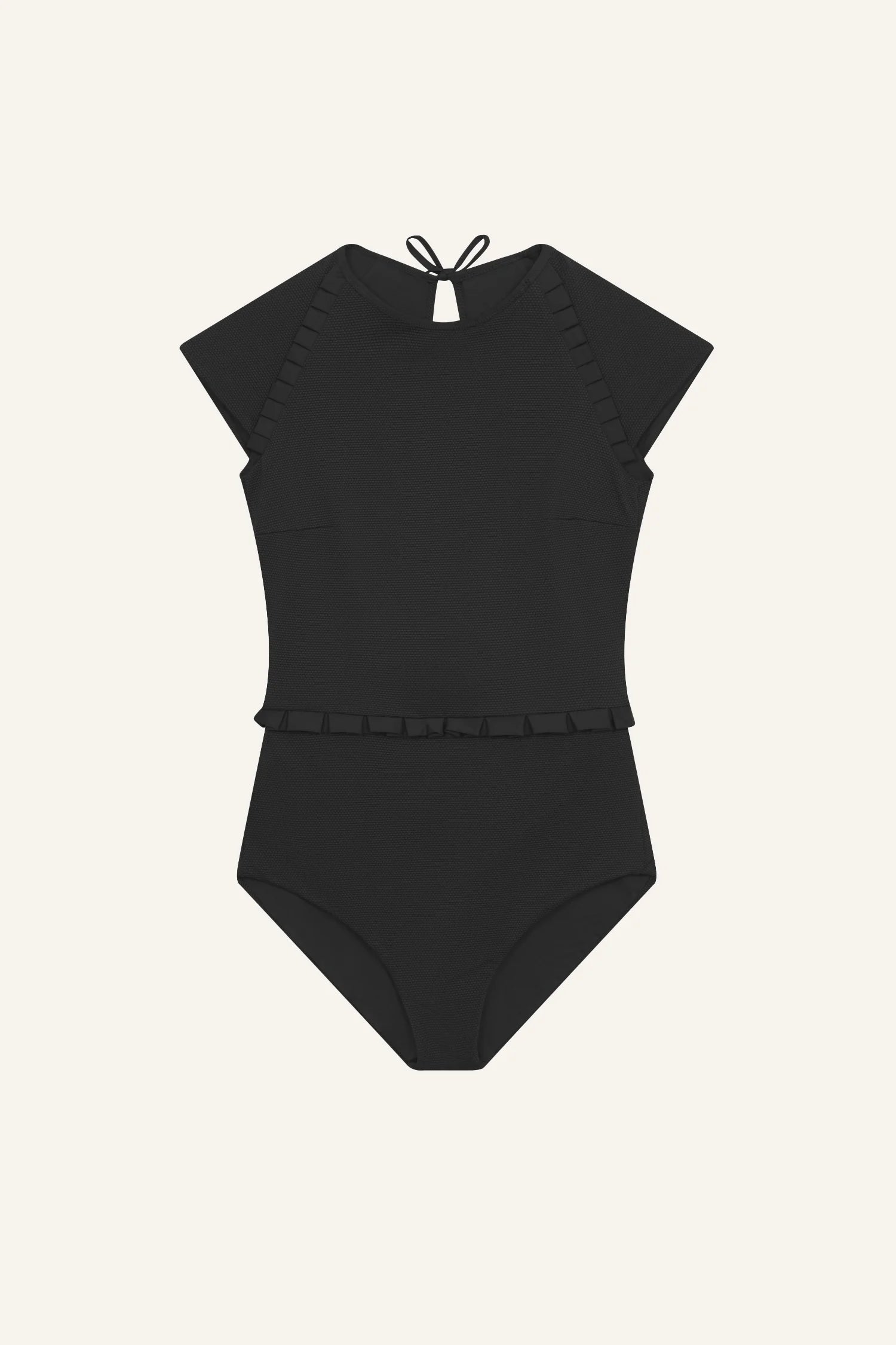 Schwarzer MYMARINI Badeanzug mit hohem Ausschnitt und kurzen Ärmeln, elegantes Design mit Rüschen.#color_black