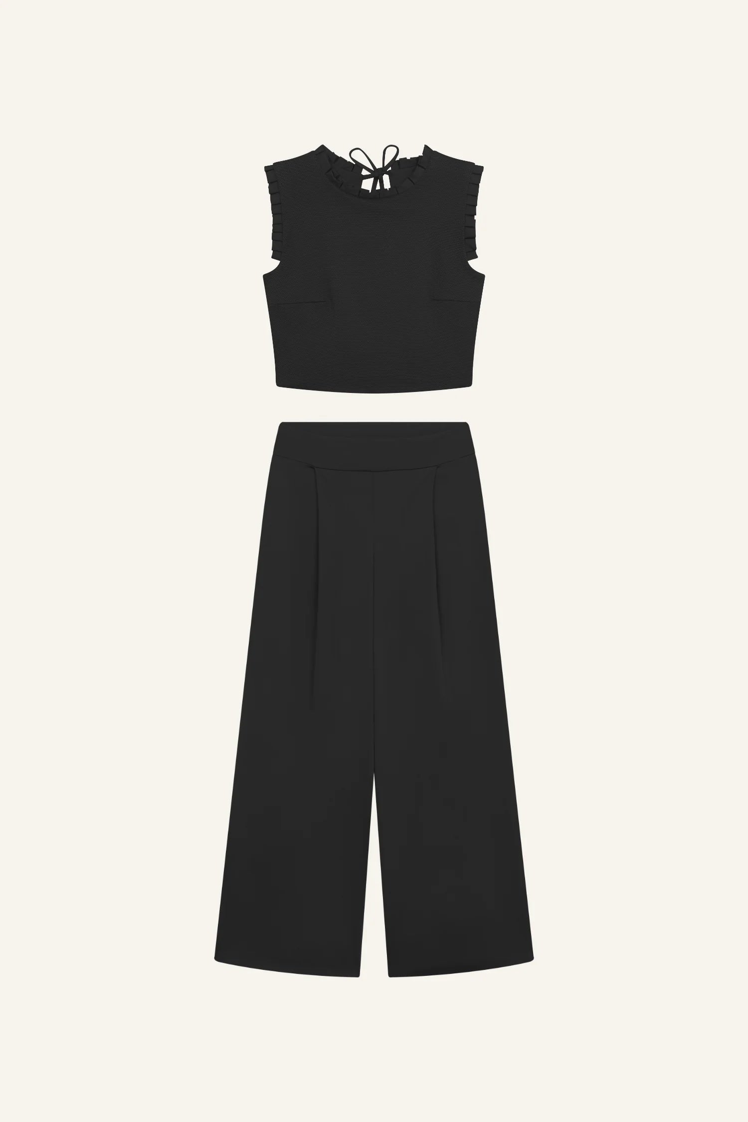 Schwarzes MYMARINI Top mit Rundhalsausschnitt und Schleifendetail, kombiniert mit weiter Hose.#color_black