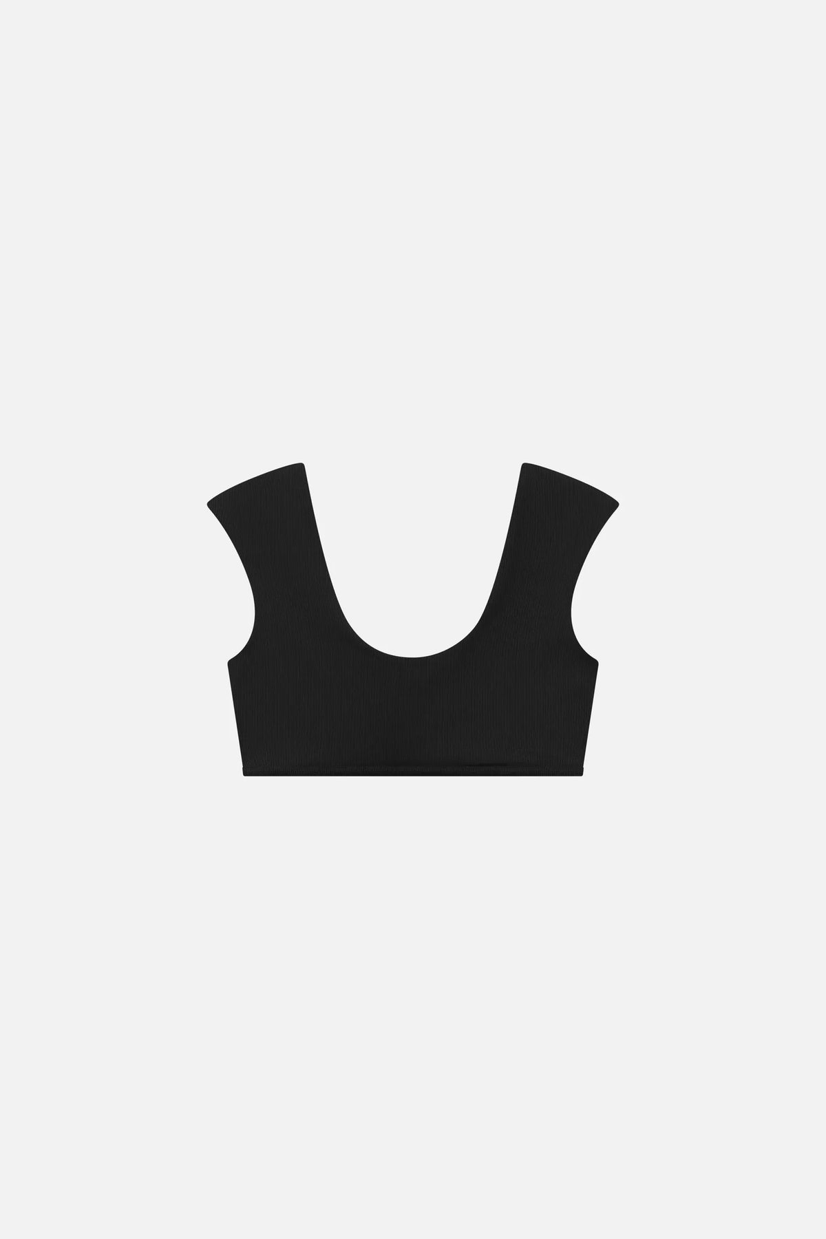 Black MYMARINI SHOULDER TOP bikini top with wide straps, front view on a light background#color_black-ribbed