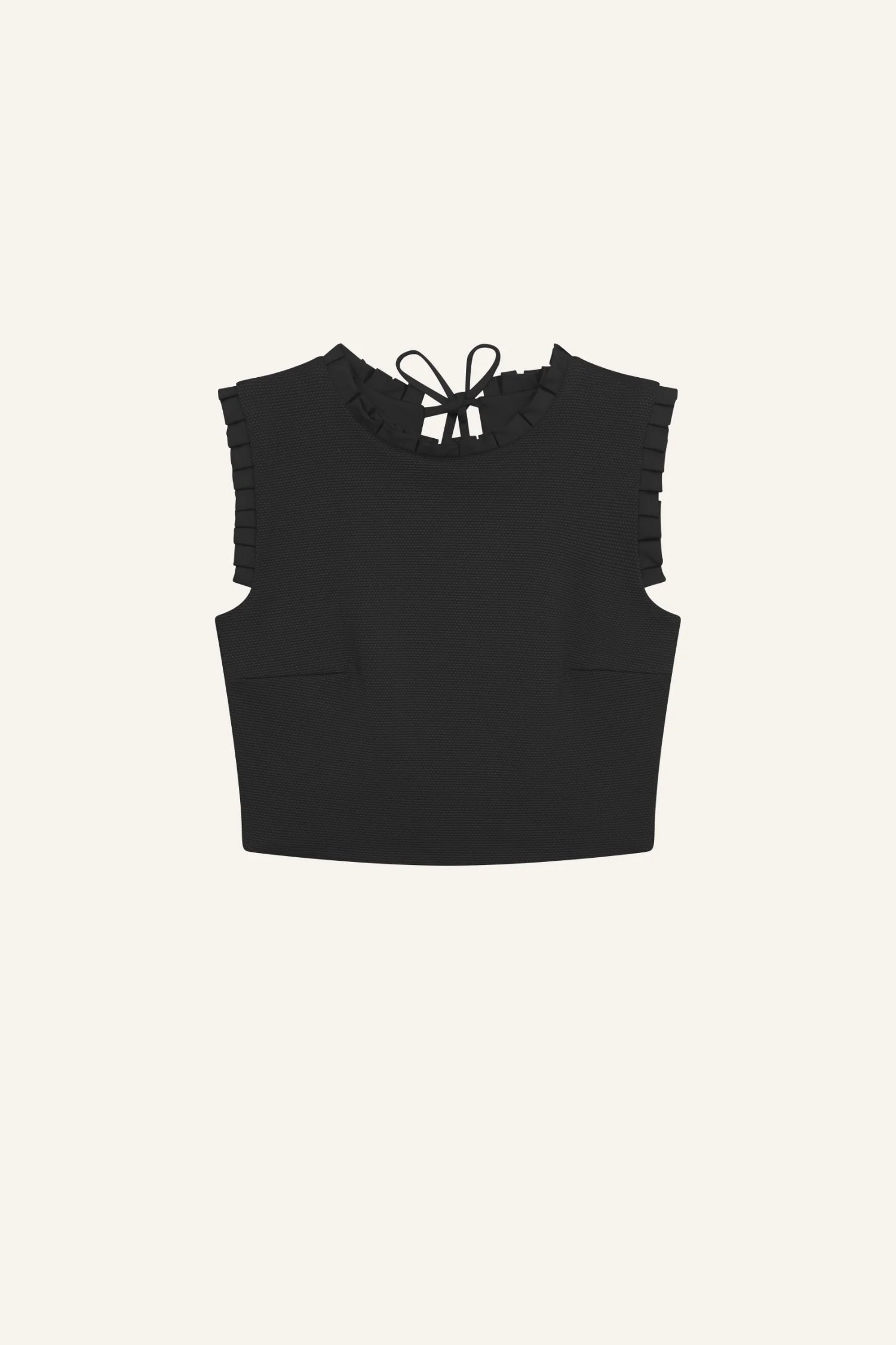 Schwarzes MYMARINI Top mit Rundhalsausschnitt und Rüschenärmeln, Rückenschleife.#color_black