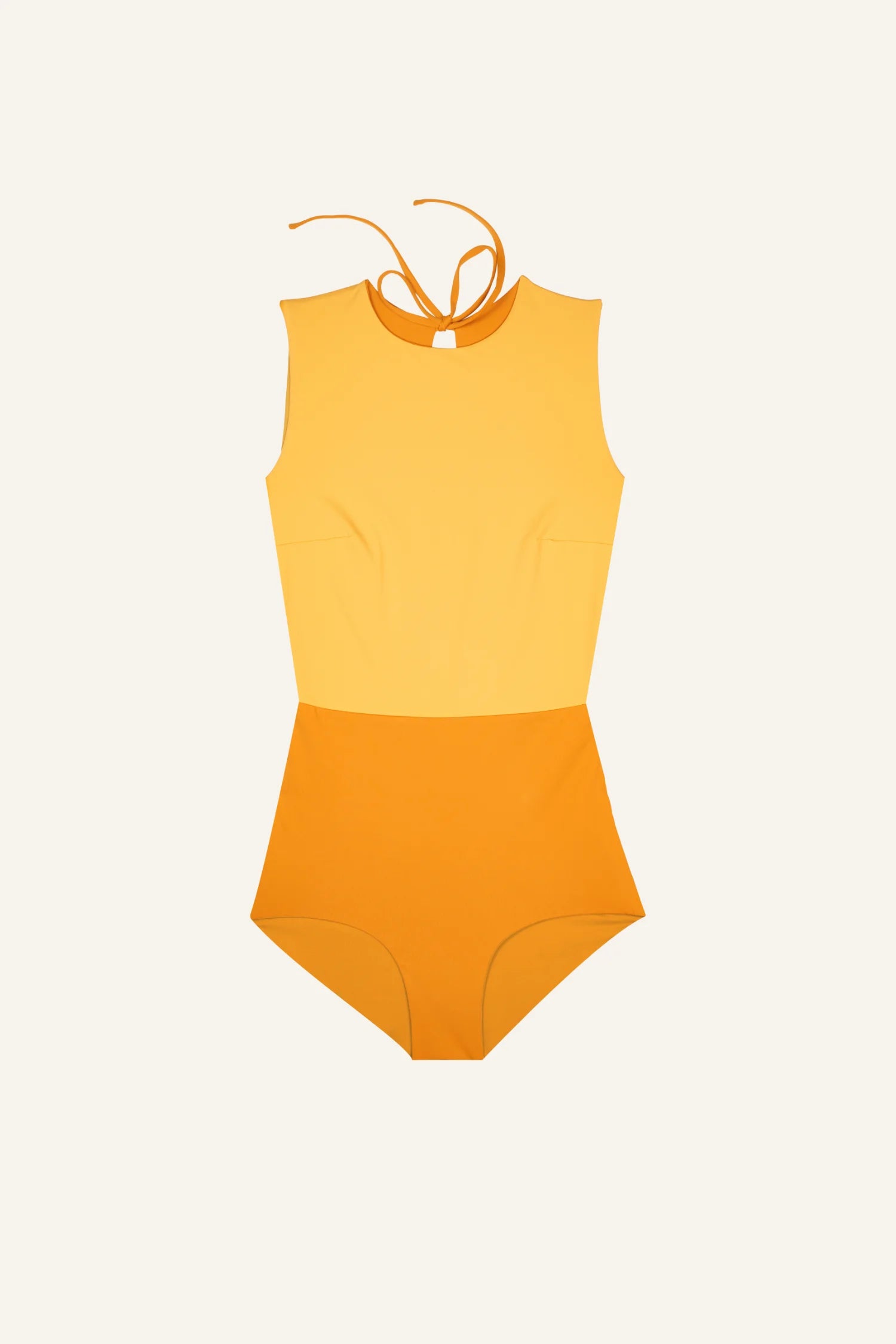 Ärmelloser MYMARINI Badeanzug in Gelb-Orange mit hohem Beinausschnitt und Neckholder.#color_buttermilk-soleil
