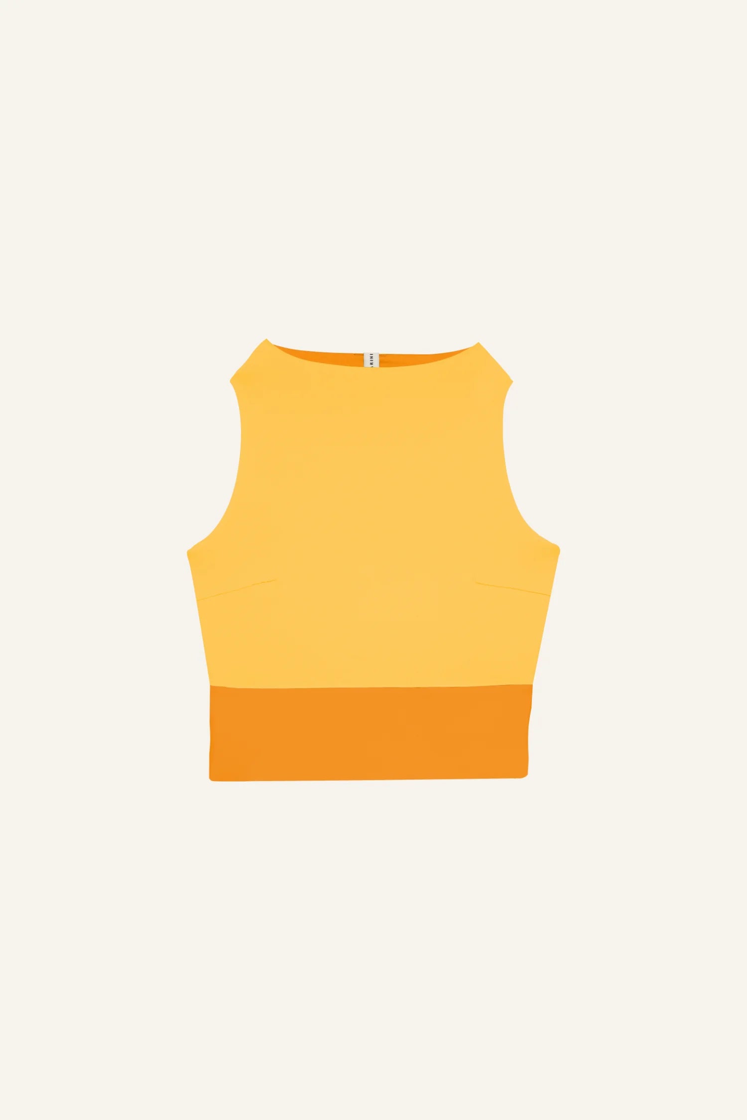 Ärmelloses MYMARINI-Top in Gelb mit orangefarbenem Saum, hoch geschlossen.#color_buttermilk-soleil