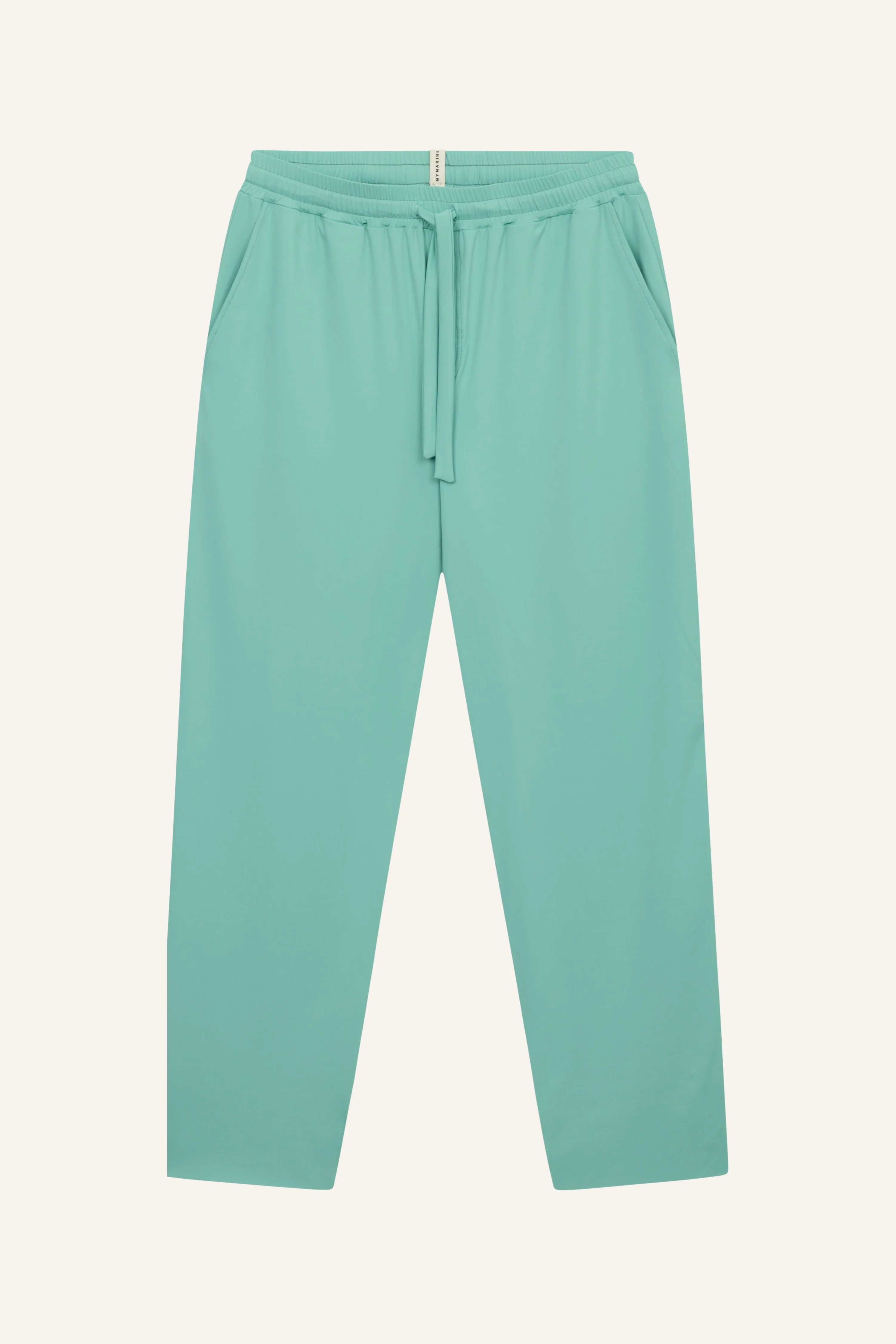 Türkise MYMARINI-Hose mit elastischem Bund und Kordelzug, seitlichen Taschen, lockerem Schnitt.#color_eucalyptus