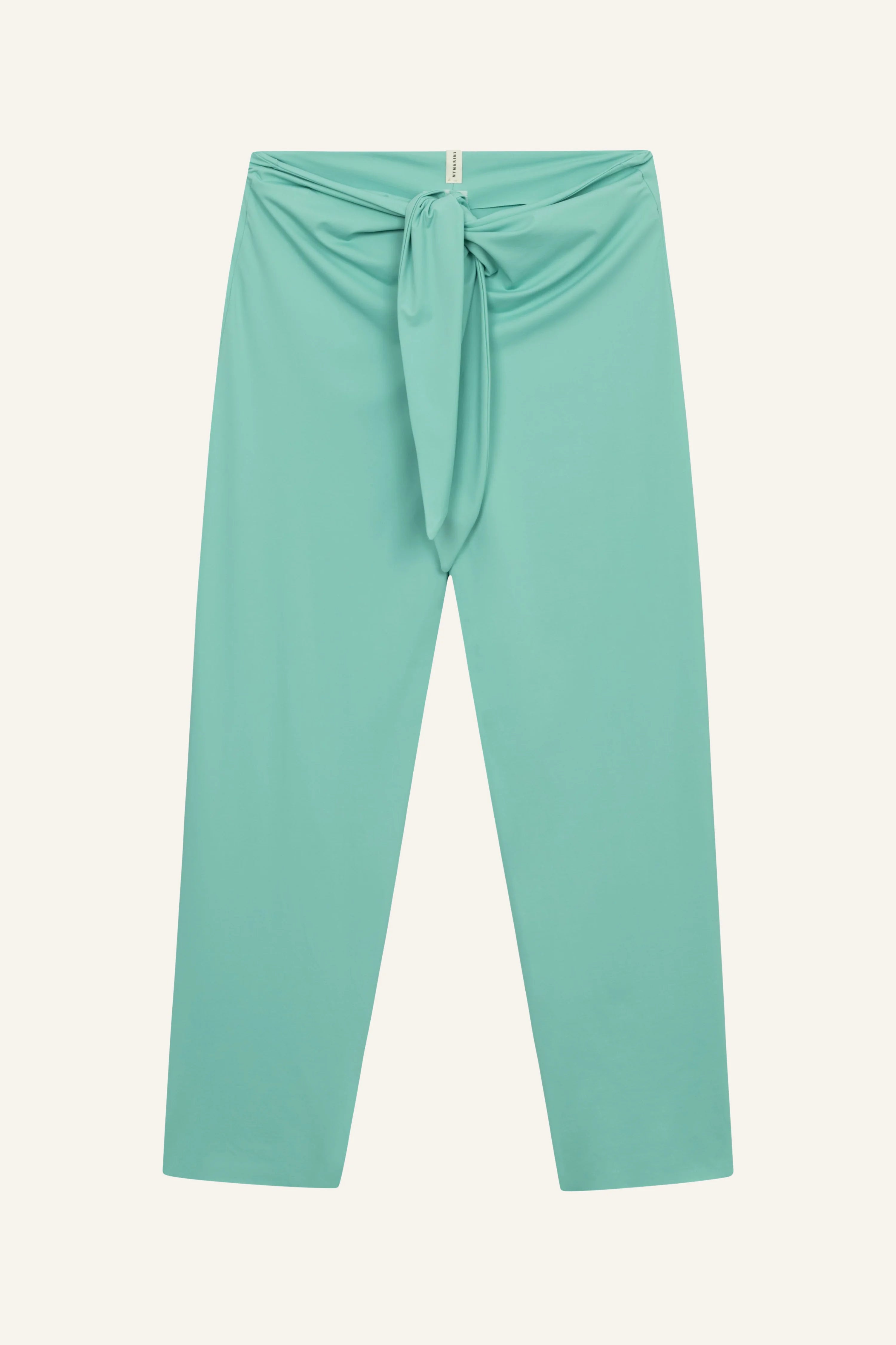 Aqua-farbene MYMARINI-Hose mit hohem Bund und Knoten-Detail vorne, auf hellem Hintergrund.#color_eucalyptus