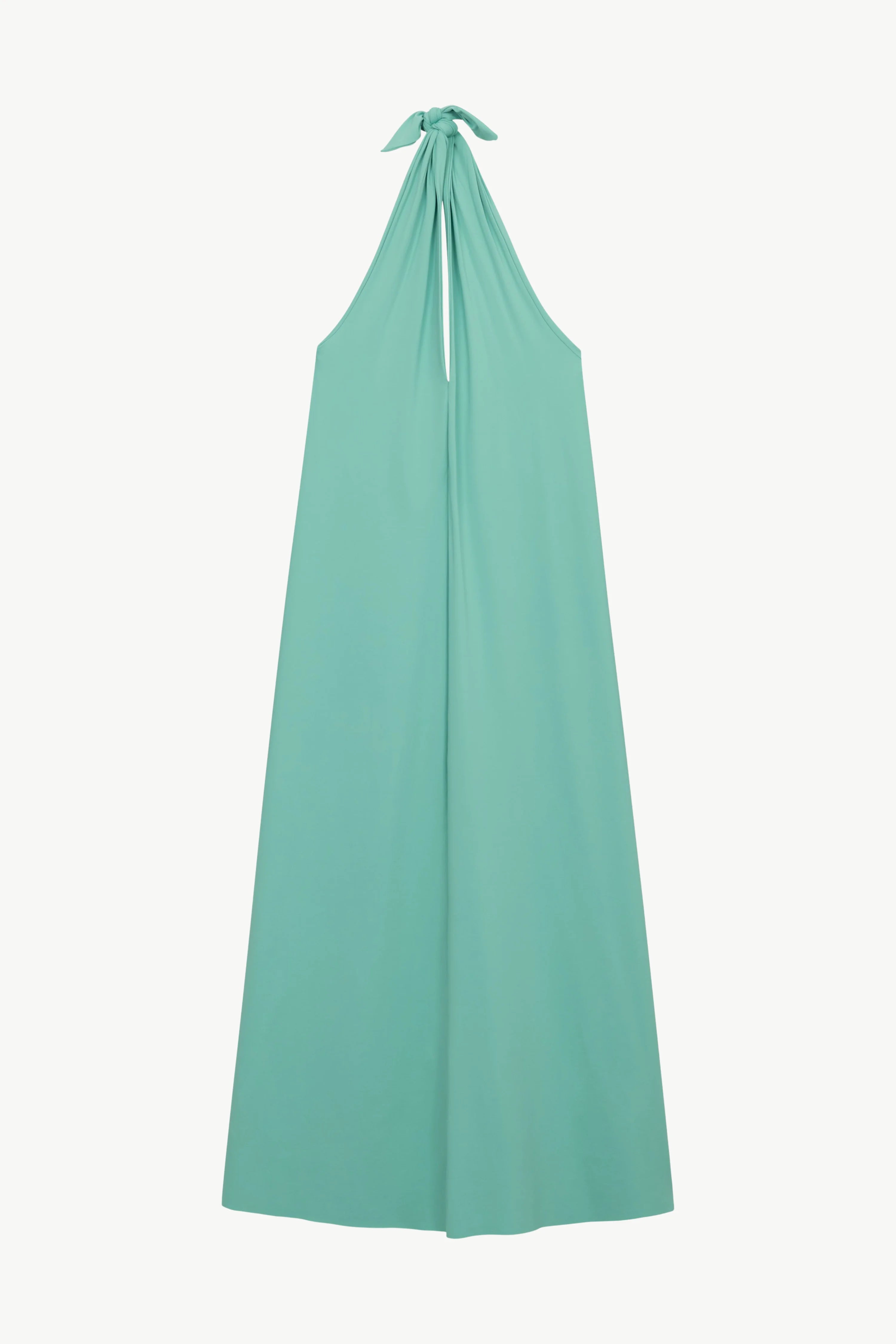 Türkises MYMARINI Neckholder-Kleid mit elegantem, fließendem Schnitt vor weißem Hintergrund.#color_eucalyptus