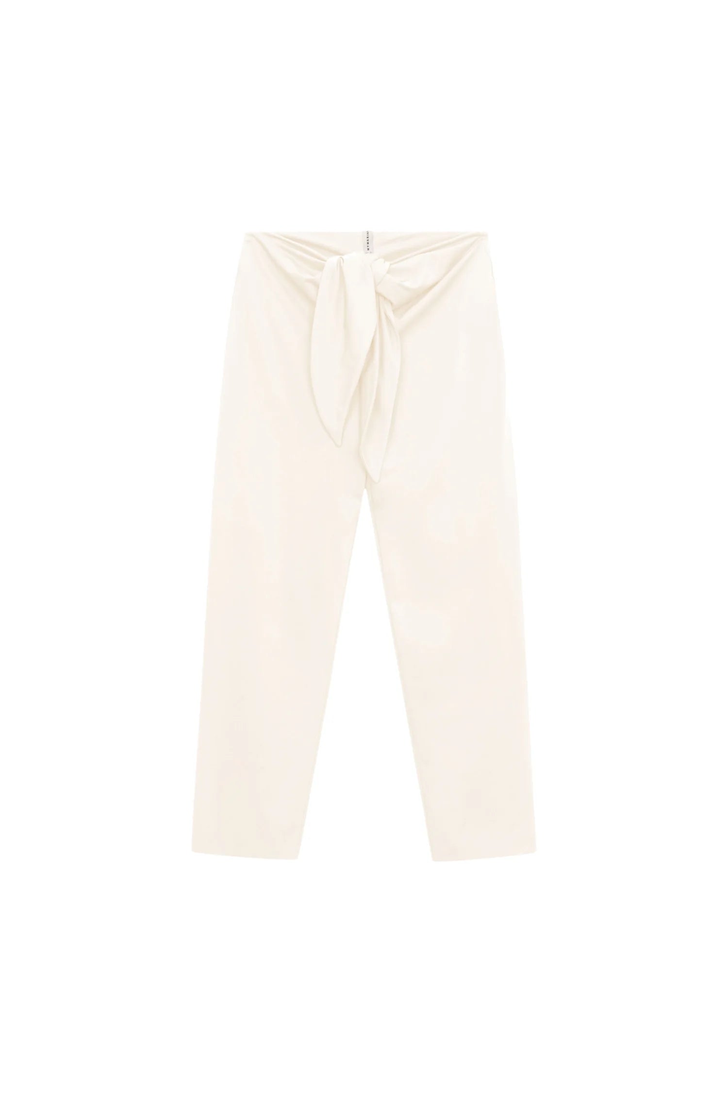 Cremefarbene MYMARINI-Hose mit hohem Bund und Bindegürtel, vor weißem Hintergrund.#color_white