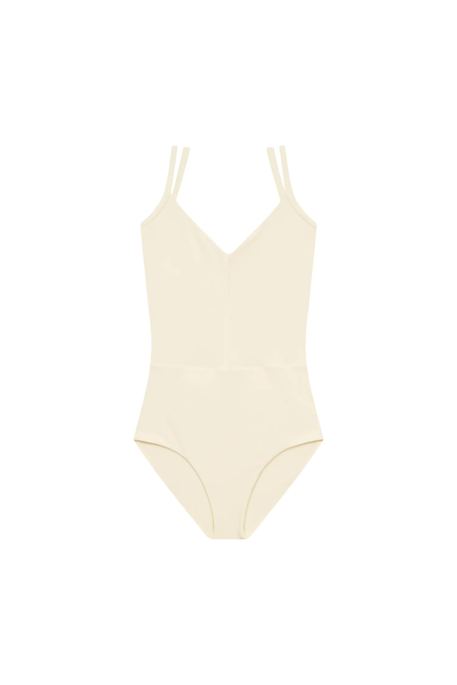 MYMARINI Badeanzug in Creme mit V-Ausschnitt und doppelten Spaghettiträgern, hoher Beinausschnitt.#color_white