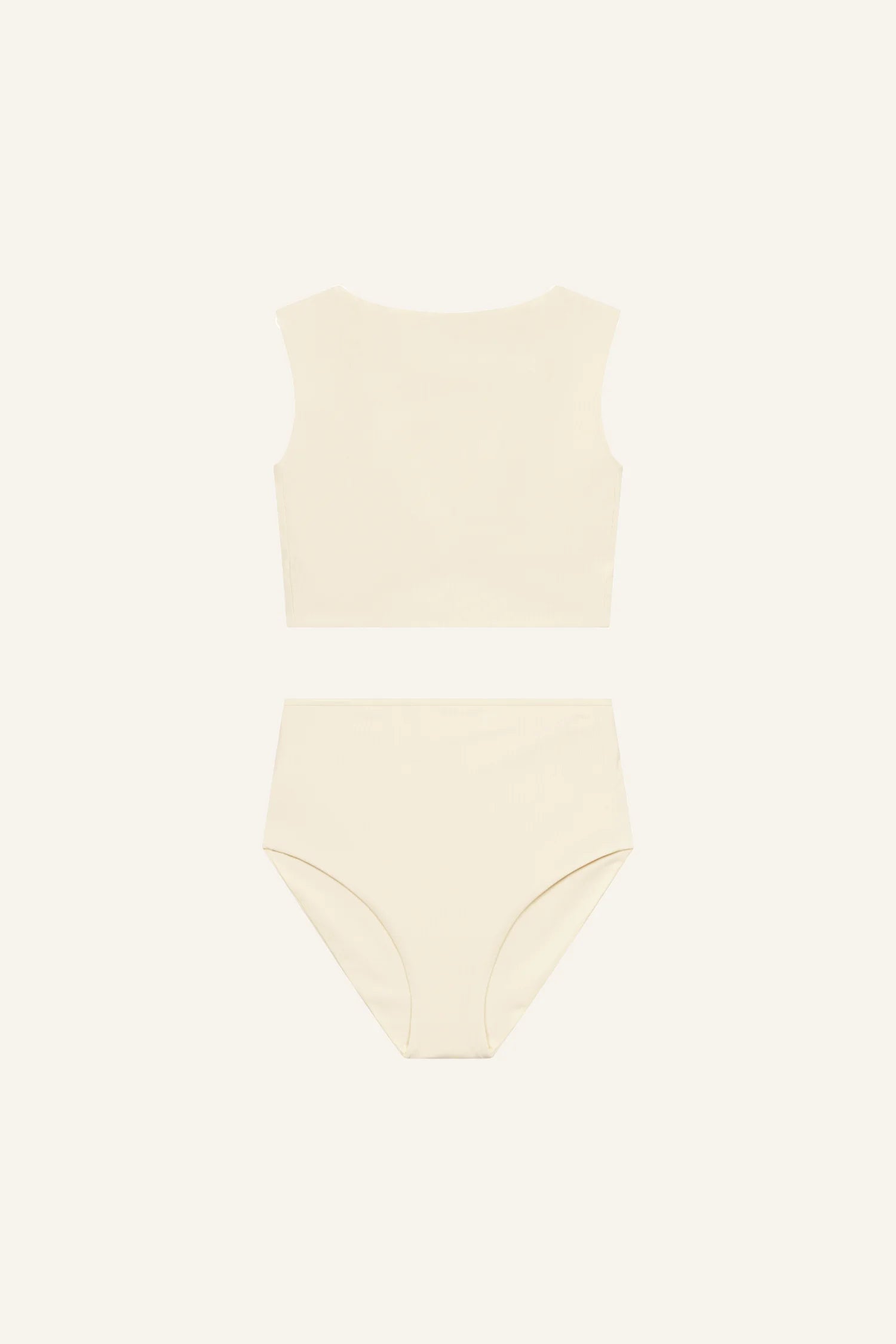 MYMARINI Bikini-Set in Creme mit hochgeschlossenem Top und High-Waist-Hose, auf hellem Hintergrund.#color_white