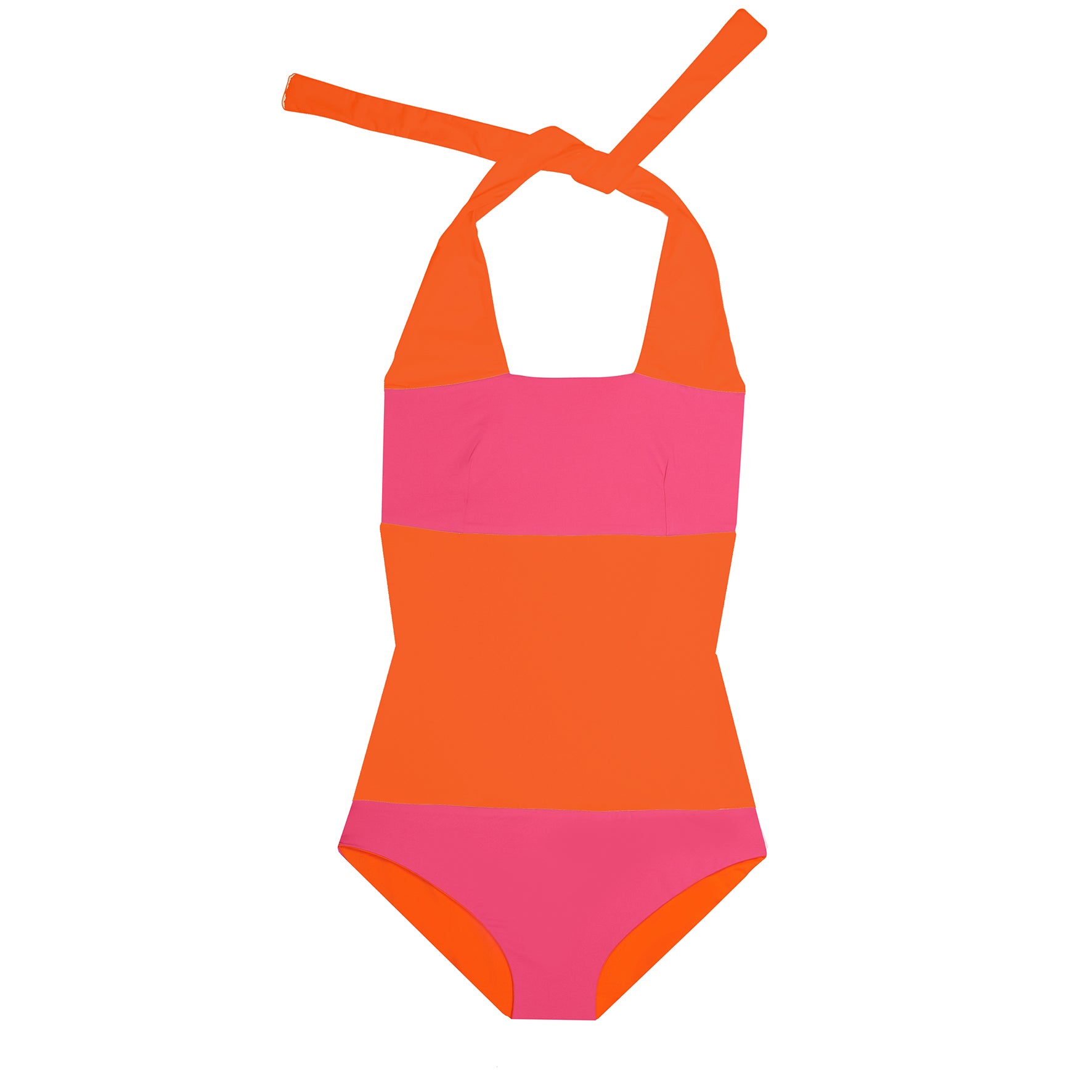 MYMARINI Badeanzug in Orange und Pink mit Neckholder und hohem Beinausschnitt auf weißem Hintergrund.#color_tangerine-pink